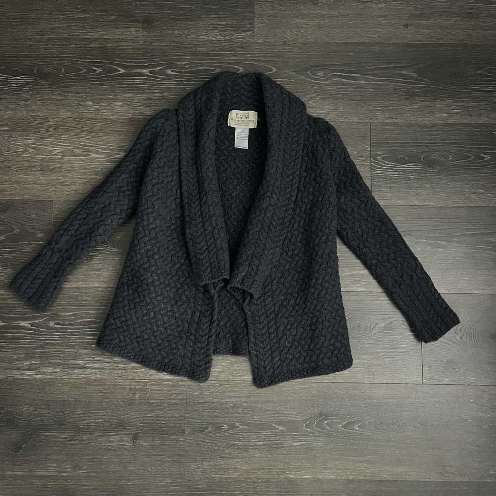 Aran Sweater Market Gray Cable Knit 100% Virgin Wool Open Front Cardigan Small